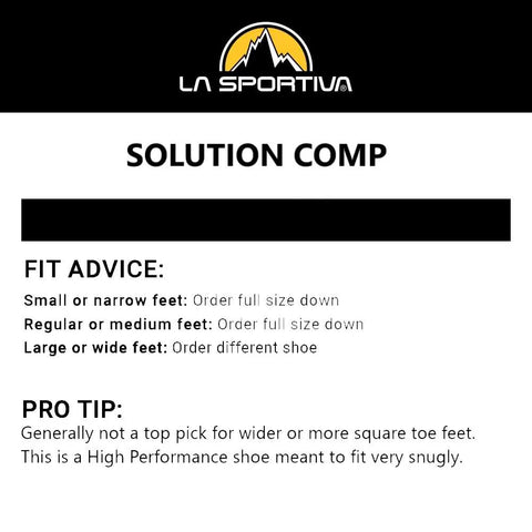 Fit advice for Solution Comp Rock Climbing Shoes For Men, Black Yellow, Size 12.5 US. Guidance on sizing for different foot types.