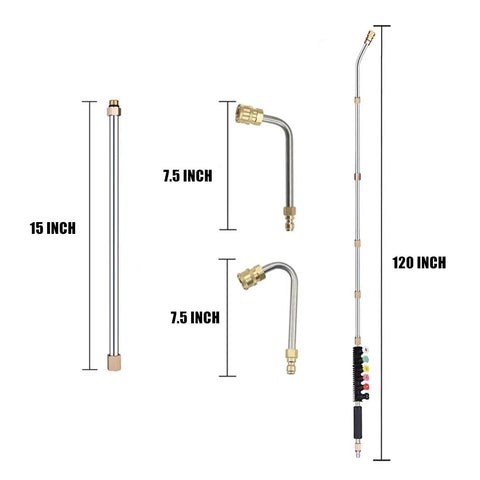 120 Inch Stainless Steel Pressure Washer Extension Wand Workhorse With 30 Degree And 90 Degree Curved Rods, Quarter Inch Quick Connect, Spray Tip Set, Anti Leak Ring Replacement, Heavy Duty Up To 4000 PSI Power Washer Lance parts displayed including 15 inch sections and curved rods.