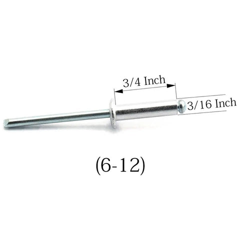 60 Piece Aluminum Blind Rivet Set 4.8 By 18 mm Round Dome Head Open End Fasteners For Auto Body And DIY Projects Tough As Nails Durable And Corrosion Resistant, close-up of single rivet showing 3/16 inch diameter and 3/4 inch length.