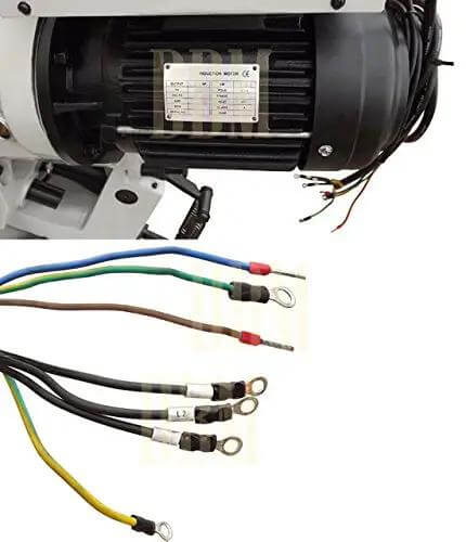 Close-up of 1.5 HP motor for 13 Inch 3 Phase Cold Saw Metal Cutter with wiring connections, part of a heavy duty workhorse.