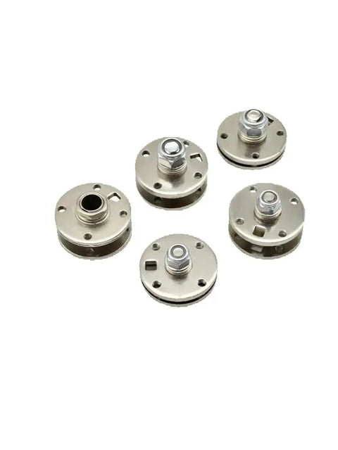Six silver circular disk damper hinge parts with central threaded studs; metal construction