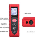 Heavy Duty Laser Distance Meter With Eighty Meter Reach Featuring Mute Mode Sleek Backlit Screen showing LCD display and laser pointer.
