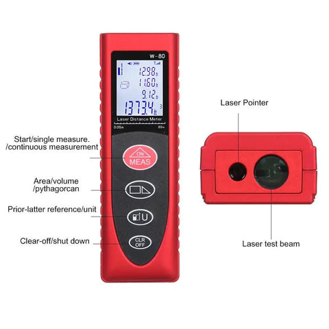 BE-TOOL Laser Measure, Laser Distance Meter (M/in/F), Mute Function Large LCD Backlit showing measurement features in black and red.