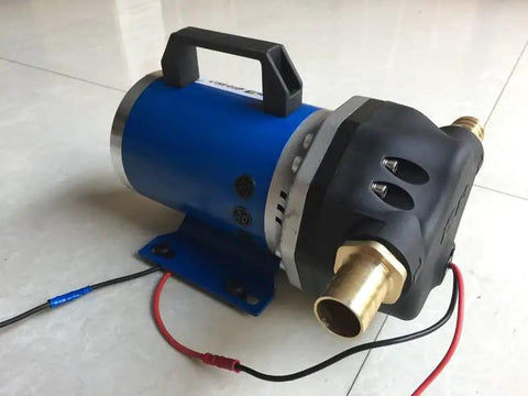 Heavy-Duty Tank Engine 60V DC Diaphragm Pump Built Tough For Submersible Sump And Spray Applications with blue body and brass fittings.