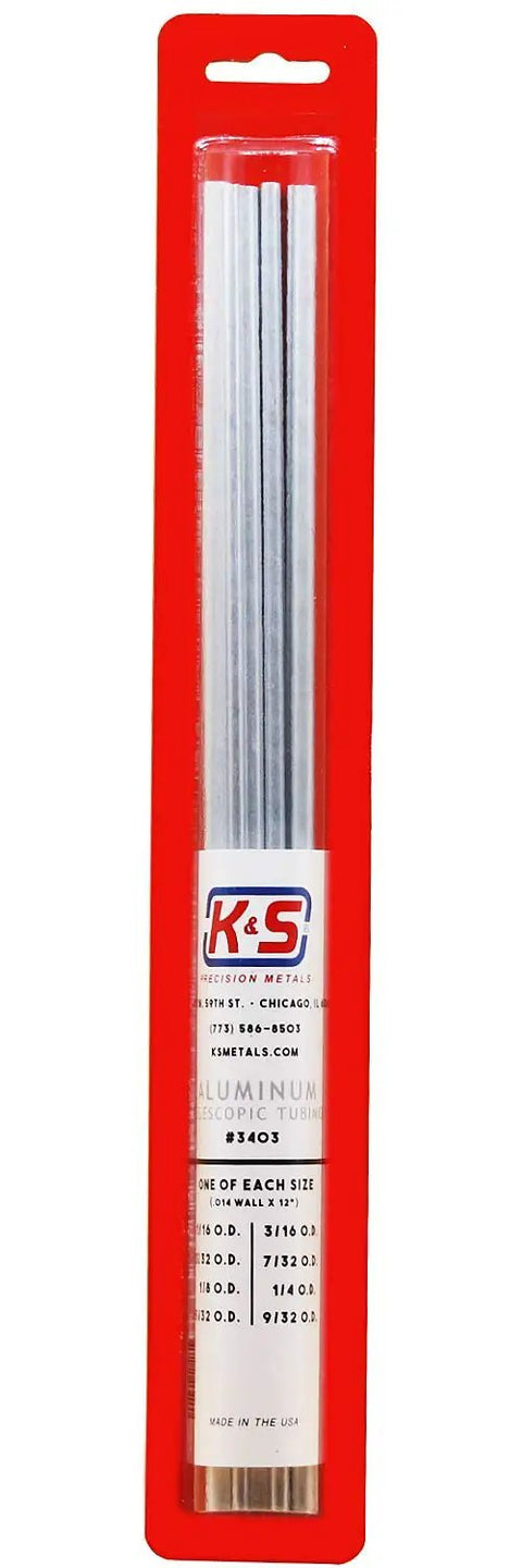 Round Aluminum Telescopic Tubing Set Built For DIY Projects, 8 Tube Assortment From 1/16 To 9/32 Inch OD, 12 Inch Length, 0.014 Inch Wall, 3003-H14 Aluminum, Slides Together For Custom Lengths, Made In USA