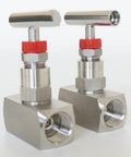 YACO VALVE stainless steel needle valve 1/2'' NPT, pair with red knobs and female threaded outlets.