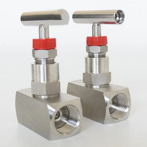 YACO VALVE stainless steel needle valve 1/2'' NPT, pair with red knobs and female threaded outlets.