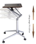 Mobile Standing Desk With Smooth Roll Casters Height Adjustable Sit To Stand Laptop Table Kick Back Remote Work Hub Rock Solid Rolling Cart With Pneumatic Height Adjustment showing lifting range adjustment from 77.5 to 107 cm.