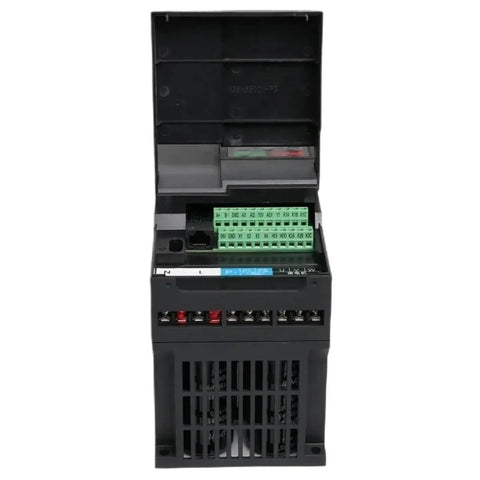 Beefy 11KW To 22KW VFD Drive 220V To 380V Inverter For 3 Phase Motors, Programmable Logic Controller, Motor Speed Controller, 3 Phase Frequency Converter, HE100-11KW Compatible. Black front terminal view
