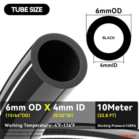 Black 6mm OD 4mm ID Polyurethane PU Air Hose Tube 10 Meter Length Ultra Flexible Heavy Duty High Pressure 145 PSI