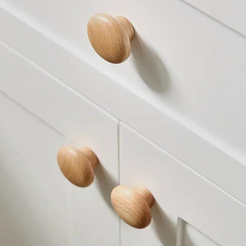 Four Pack Wooden Drawer Handles Set For Dressing Tables Pine Wood Knobs Cabinet Handles 35mm Diameter 1.38 Inches on white cabinet