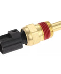 Engine coolant temperature sensor with brass body, red O-ring seal, and black plastic connector