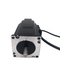 Front view of a NEMA 23 brake stepper motor with 57mm frame, silver front plate and protruding shaft