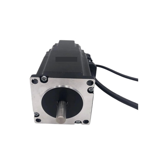 Front view of a NEMA 23 brake stepper motor with 57mm frame, silver front plate and protruding shaft