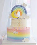 Two-tier pastel rainbow cake with fondant clouds and rainbow decoration made using Sweet Rainbow Cloud Fondant Molds Set Of 4.