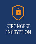 Strongest encryption shield icon above text, blue background with orange lock symbol