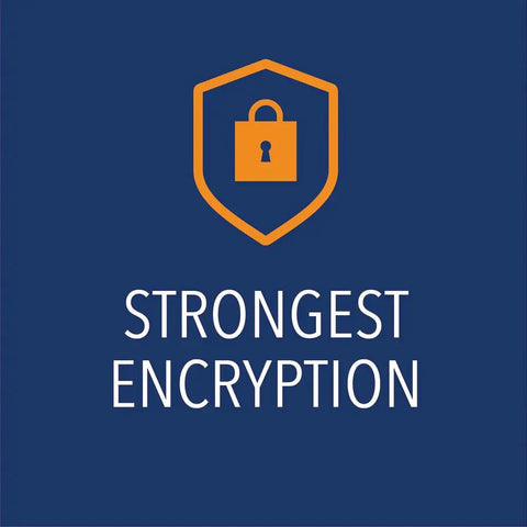 Strongest encryption shield icon above text, blue background with orange lock symbol