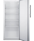 Rock Solid Commercial Freezer 31 Inch Reach In Upright Design With Solid Door, Four Adjustable Shelves, 18 Cubic Feet Manual Defrost, NSF Certified White Unit Built For The Daily Grind - interior with open door and shelves