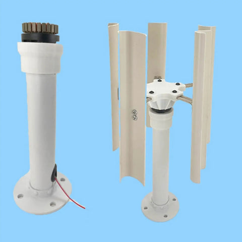 35W Vertical Axis Wind Turbine With 5 Blade Portable Breeze Generator, white structure with visible blades and mounting base