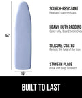 Heavy Duty Ironing Board Cover With Extra Thick Padding Silicone Reflective Surface Heat And Scorch Resistant Up To 400 Degrees Fahrenheit Water And Stain Resistant Hook And Loop Fastener Straps Fits Standard 15x54 Boards Blue shown with dimensions and features.