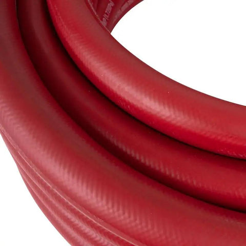 Heavy Hitter 50 Foot Air Compressor Hose With 1 Inch Diameter And Chicago Style Connectors Reinforced Braided Line Rated 250 Psi, red coils.