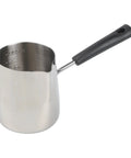 Stainless Steel Milk Pot With Easy Pour Spout For Chocolate Melting Butter Warming And Sauce 350ml, side view with black handle