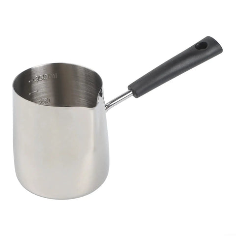 Stainless Steel Milk Pot With Easy Pour Spout For Chocolate Melting Butter Warming And Sauce 350ml, side view with black handle