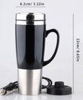 Sleek Stainless Steel Car Kettle That Zaps Water Fast With 50W Power And Deep Heat Insulation, featuring a black matte finish mug.