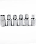Must-Have 6 Piece E Socket Set For Auto Repair. Tough Heat Treated Steel Bits Covering E4 To E10 Star Female Bolt Removal. Perfect Mechanic Kit Tool Gear! six chrome E-sockets E4 to E10
