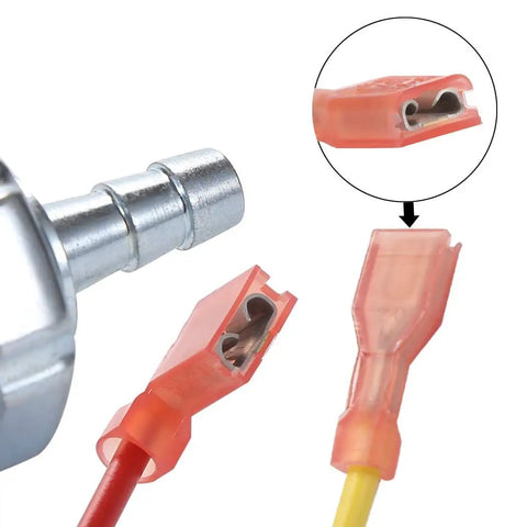 Close-up of air pressure switch terminals and connectors for 120/150 PSI AC air compressors, featuring red and yellow wires.