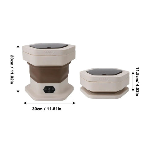 No Sweat Portable Folding Mini Washer Featuring Quick Wash And Spin Cycle, 5.5 Pound Capacity, Slick Khaki Build with dimensions.