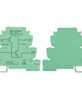 Front and back view of Compact NPN PNP PLC Level Converter For Sensor IO MRI 24TR INV Style, DIN rail mount, green casing