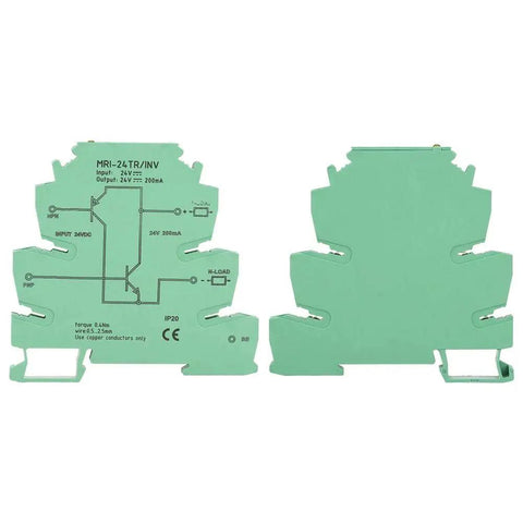 Front and back view of Compact NPN PNP PLC Level Converter For Sensor IO MRI 24TR INV Style, DIN rail mount, green casing