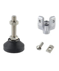 Kickass Heavy Duty Adjustable Leg Mounts For 3030 T Slot Aluminum Extrusions with nylon pads and hardware, showing black base and silver fittings.