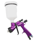 Badass Gold Auto Spray Gun With Heavy Duty 360 Degree Swivel Air Hose Connector And Precision 1.3 Nozzle For Rock Solid High Atomization Car Painting Work, showing purple spray gun with white cup.