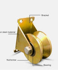 Heavy Duty Two Inch V Groove Steel Caster Wheels For Industrial Machinery And Sliding Doors Featuring Double Bearing Track Rollers detailed view of bracket and bearing.