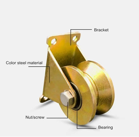 Heavy Duty Two Inch V Groove Steel Caster Wheels For Industrial Machinery And Sliding Doors Featuring Double Bearing Track Rollers detailed view of bracket and bearing.