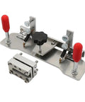 Top Shelf Heavy Duty Belt Grinder Knife Jig With Ridiculously Precise Angle Guides And Built Tough Stainless Steel Base, close-up of adjustable blade clamp.