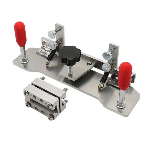Top Shelf Heavy Duty Belt Grinder Knife Jig With Ridiculously Precise Angle Guides And Built Tough Stainless Steel Base, close-up of adjustable blade clamp.