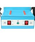 Heavy Duty Industrial Steam Iron Station With Pressurized Continuous Flow And Massive Four Liter Tank controls and switches on blue surface.