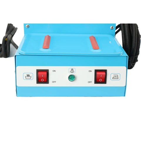 Heavy Duty Industrial Steam Iron Station With Pressurized Continuous Flow And Massive Four Liter Tank controls and switches on blue surface.