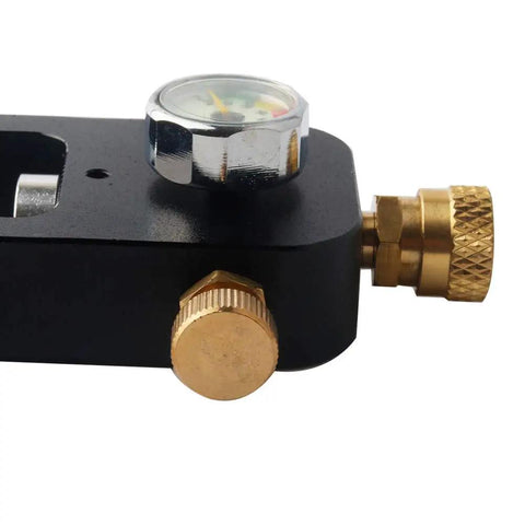 Close-up of DIN Valve Scuba Adapter For High Pressure 4500 PSI PCP Paintball HPA Tank Fill Station showing gauge and hose connection.
