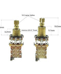 Two Brass 16mm Shaft Push Push Guitar Potentiometer A500K With American Thread Shaft, showing size dimensions and components.