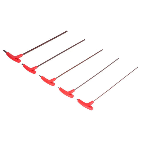 Hardcore Five Piece T Handle Hex Wrench Kit Made From Tough S2 Alloy Steel With Grippy Handles For Zero Slipping When Tightening Bolts In Auto Repair Or CNC Machine Maintenance In Tight Spaces And Gnarly Jobs Providing Serious Torque For Pros., five red T-handle hex wrenches on white background
