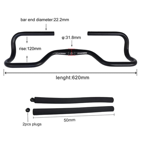 Butterfly Style Aluminum Alloy Handlebar Wide Three Dimensional Rest Bar For Trekking Mountain And Road Bikes With Sponge Cover 31.8mm Clamp And 620mm Length shown with dimensions