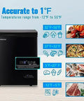 Freestanding Black Mini Chest Freezer With Precision Electronic Thermostat And Two Removable Baskets, showing temperature settings and food storage.