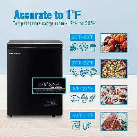 Freestanding Black Mini Chest Freezer With Precision Electronic Thermostat And Two Removable Baskets, showing temperature settings and food storage.