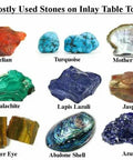Mostly Used Stones on Inlay Table Tops including Carnelian, Turquoise, Jasper, Malachite, Abalone Shell and more.