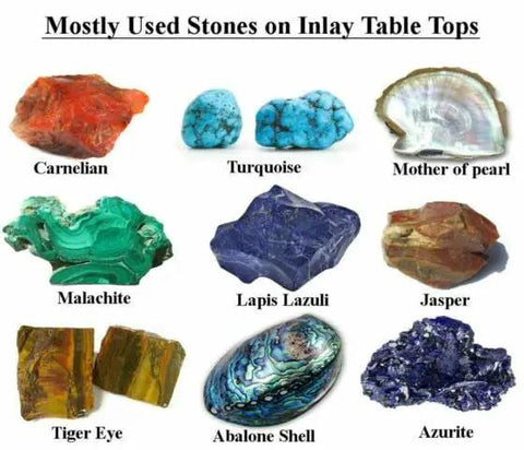 Mostly Used Stones on Inlay Table Tops featuring Carnelian, Turquoise, Mother of Pearl, Malachite, and more.