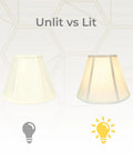 Eggshell Empire Lamp Shade 9 x 18 x 14 Inch Silk Type Shantung Fabric With Off White Lining shown unlit and lit.